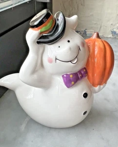 Fantasma Halloween vintage con cappello a cilindro e lanterna Jack O statuina ceramica - Foto 1 di 7