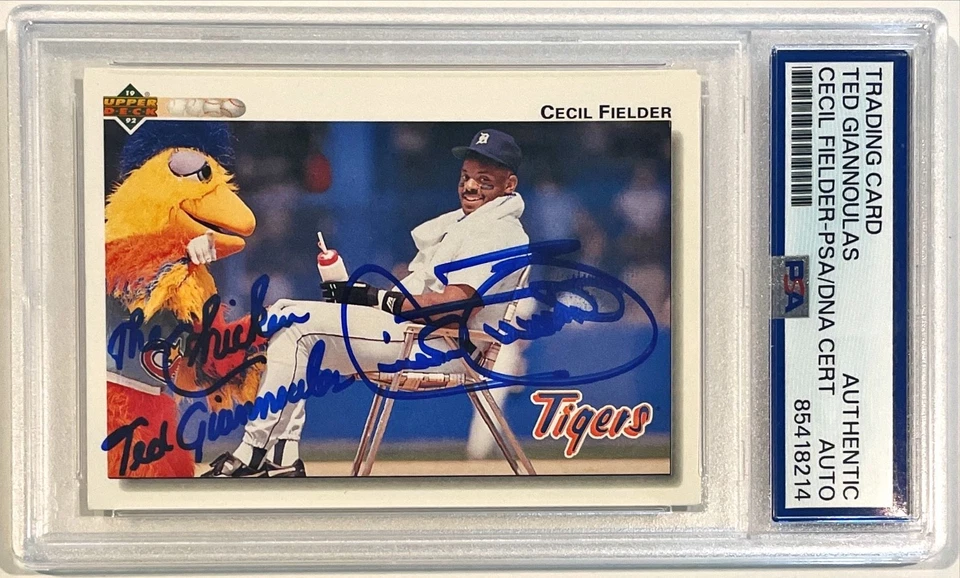 1992 Upper Deck Cecil Fielder Ted Giannoulas Dual Signed Auto Card #255 PSA DNA - Image 1 of 1