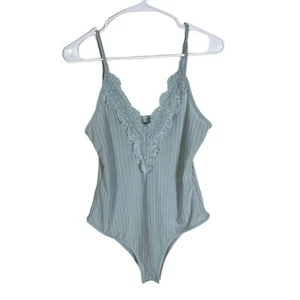 Shein Blue Ribbed V Neck Bodysuit with Lace Detail Size 0XL/ 12 - Picture 1 of 7