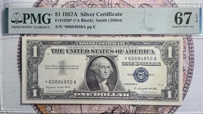 1957A один доллар 🌟 серебряный сертификат (*A) PMG 67 драгоценных камней PPQ - Изображение 1 из 2