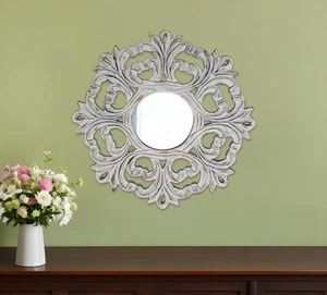 24" White Floral Scrollwork Distressed Round Framed Accent Mirror - Picture 1 of 11