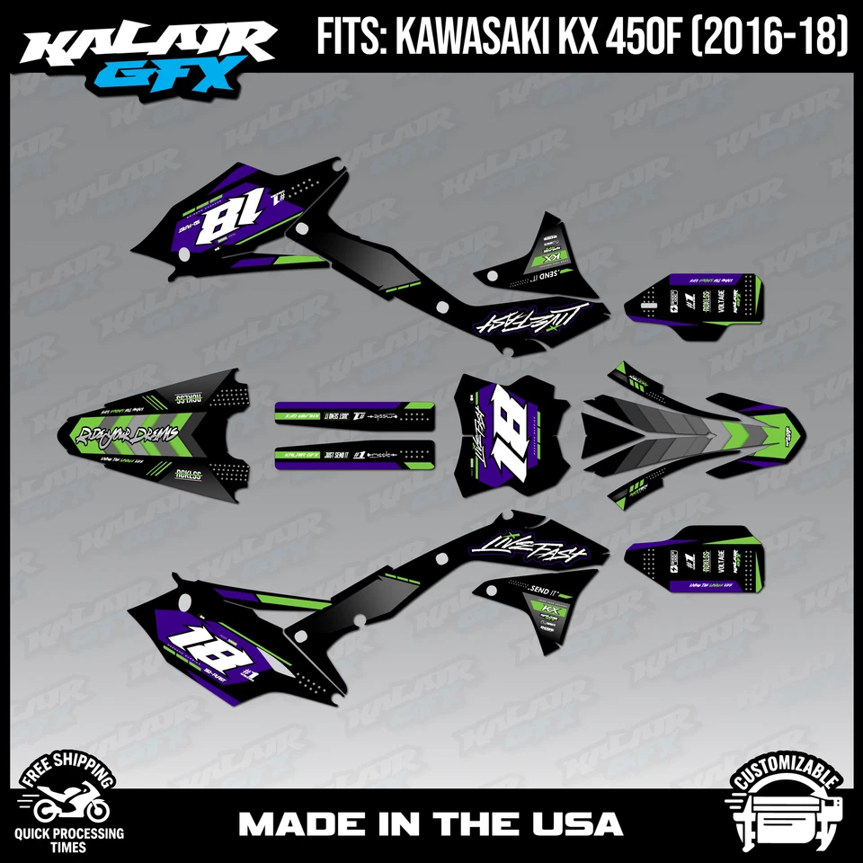 Kit de gráficos para Kawasaki KX450F (2016-2018) KX 450F Rebel - PÚRPURA Foto 1 de 4