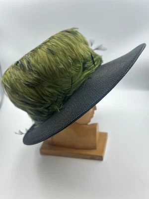 Hollywood 60’s Millinery Hat Black & Green Feathered Couture By Cleo Bruce LA - Image 1 of 4