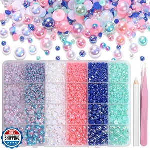 9000 Stck. Flatback Perlen zum Basteln, Blau Grün Rosa Weiß Halbperlen Perlen - Bild 1 von 5