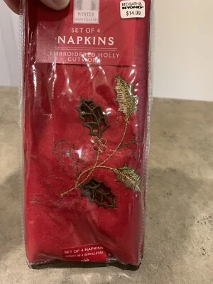 NUEVO WINTER WONDERLAND Servilletas de Navidad Bordadas Acebo Cutwork - Juego de 4 Foto 1 de 4