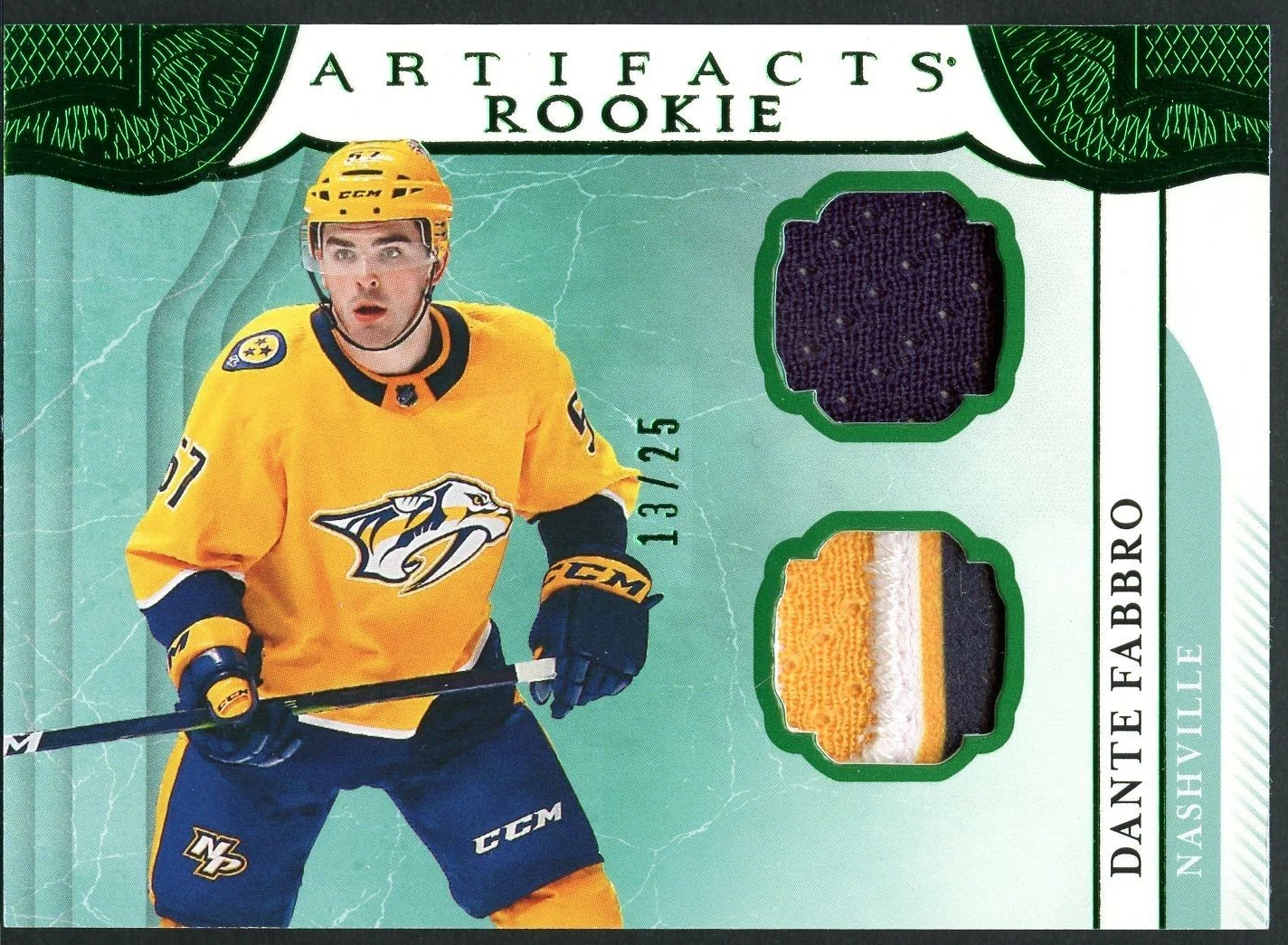 Dante Fabbro 2019-20 Upper Deck Artifacts Emerald Rookie /25 Dual Materials 3CLR