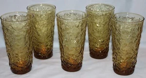 Set 5 Anchor Hocking Lido Milano Amber Crackle Texture Drinking Glasses Large 7" - Picture 1 of 4