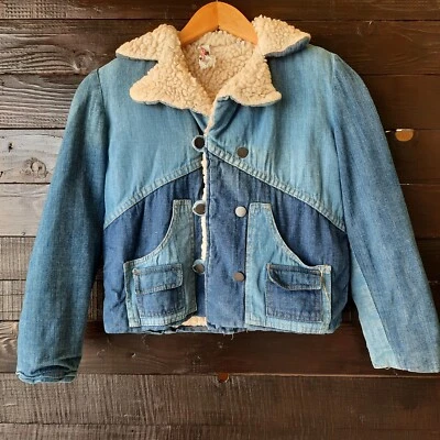 Vtg Mitey Miss Sherpa Lined Denim Trucker Jacket Youth Sz Medium Cotton Coat A13 - Image 1 of 4