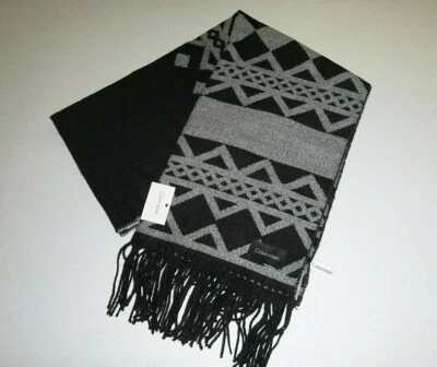 calvin klein Blanket scarf designer striped Fair Isle knit acrylic gray & black  - Image 1 of 4