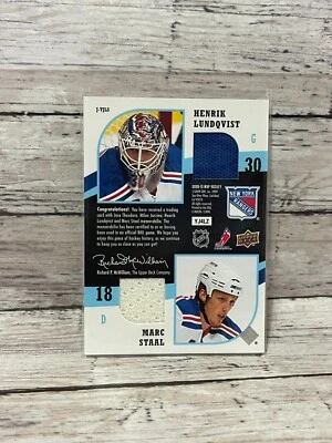 2009-10 Upper Deck MVP 2 on 2 Jerseys Henrik Lundqvist M.Staal Theodore Jurcina - Image 1 of 2