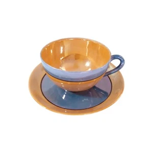 LUSTREWARE Tan Blue Tea Cup Saucer Made In Japan HOGA1187 - Picture 1 of 4
