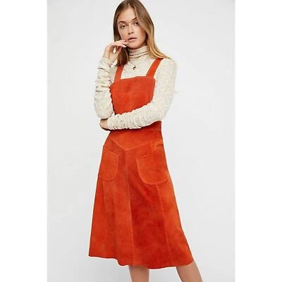 $198 Free People Orange Suede Apron Dress Cow Leather Retro Midi Length NEW F542 - Image 1 of 4
