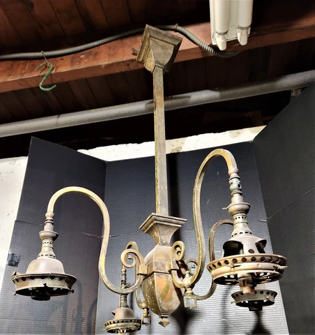 Antique Brass Mission Arts & Crafts Gas Electric Chandelier Welsbach Cover