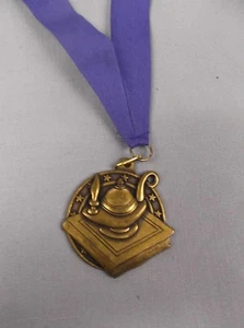 high relief gold lamp of knowledge  medal 2" size w/drape blue award trophy - Picture 1 of 1