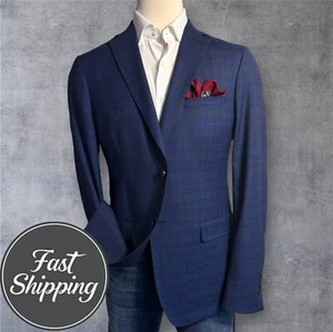 DKNY Mens Blazer 44L Navy/Blue Plaid WOOL Sport Coat Two Button Suit Jacket - Picture 1 of 17