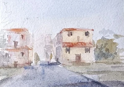 original watercolor painting ACEO rural Barn street house trees Evening Sky SIBY - Image 1 of 3