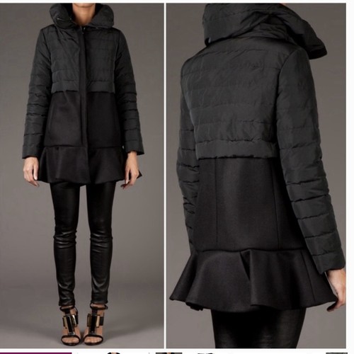 Moncler Rosier Giacca Cappotto Lana Spazzolata Piumino Imbottito Orlo Peplo Nero Autentico