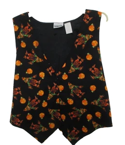 Basic Editions Halloween Print Black Vest Pumpkins Scarecrow VTG 90s Size M - Picture 1 of 5