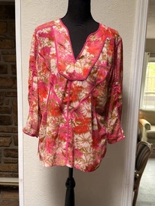 Karlie Popover Blouse Pink Red Floral Print Women's Size Large V-neck Long Slv - Picture 1 of 7