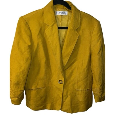 Kasper Ruched-Sleeve Blazer Womens Sz 16 Mustard Yellow Linen Classic Jacket - Image 1 of 4
