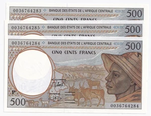 2000 Central Africa States 500 Chad Francs Note P606C-UNC x 3 - Picture 1 of 2