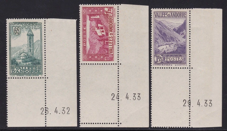1932-33 FRENCH ANDORRA, No. 36/39A/40A 3 MNH/** GORGEOUS values - Image 1 of 1