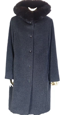 VINTAGE ANNE KLEIN 2~MINT!!~GRAY WOOL MOHAIR BLEND HOODED FOX FUR TRIM COAT 12 - Image 1 of 4