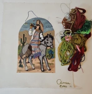 Handpainted Needlepoint Canvas SOUTHWESTERN by Aimee Man On Donkey Drinking Beer - Picture 1 of 24
