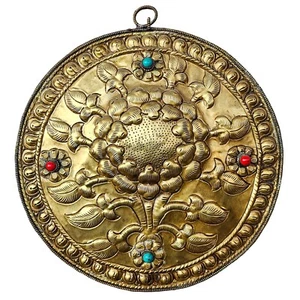 10" Brass Lotus Flower Round Wall Hanging Décor Tibetan Nepal Buddhist Calendar - Picture 1 of 3
