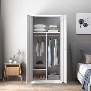 Metal Wardrobe Armoire Closet 2 Door in White, Wardrobe Closet, Clothes Cabinet - Picture 1 of 16
