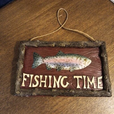 Fishing Time Rainbow Trout Mancave Cabin Rustic Ceramic Wall Hanging 9.5x6 READ  - Image 1 of 4
