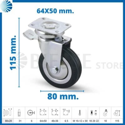 Ruote ruota piene per carrelli carrello mobili con freno girevoli diametro 80 - Immagine 1 di 3