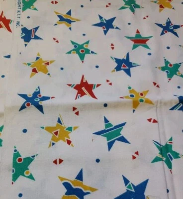 Vntg Sewing Fabric NTT Red Blue Green Stars Dot Stripe 1/2yd Cotton 18x45" White - Image 1 of 4