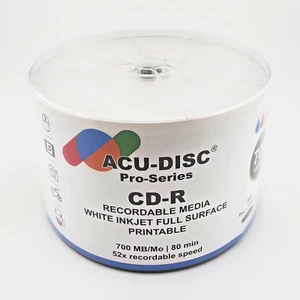 50 x ACU-DISC Pro-Series CD-R White Inkjet 52x 700MB/80mins Blank Discs - Afbeelding 1 van 4
