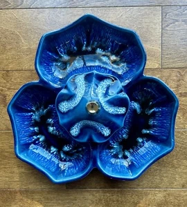 VTG MCM Blue Drip Glaze Divided Pottery Chip Dip Relish Set w Lid Grt Cond 12x12 - Picture 1 of 7