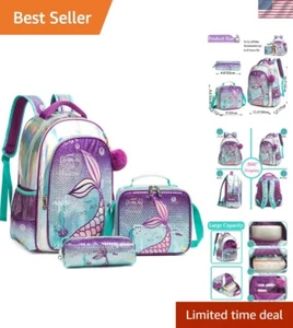 Stylish Girls Backpack Set with Lunch Box, Pencil Case, and Mermaid Design - Picture 1 of 7