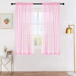 Sheer Window Curtains, Rods Pocket Voile Fabric 52” x 45”, Set of 2, Pink - Picture 1 of 7