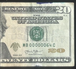 (SERIAL NUMBER 64!) $20 Very Low Two 2 Digit Fancy Serial Number MB00000064C - Picture 1 of 3