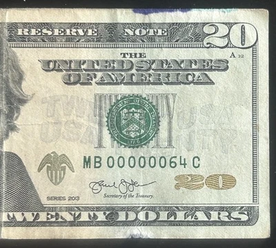 (SERIAL NUMBER 64!) $20 Very Low Two 2 Digit Fancy Serial Number MB00000064C - Image 1 of 3