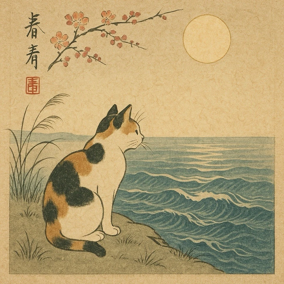 Katze Am Ufer Japanisches Gemälde Bild Malerei Zeichnung Druck Deko Kunstdruck - Bild 1 von 1