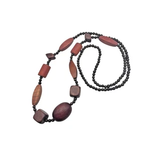 Vintage '70s Boho Carved Polished Wood Bead Necklace Ethnic Tribal Hippie 35" - Picture 1 of 2