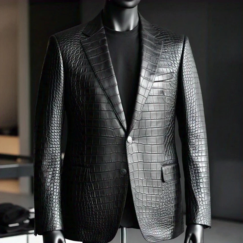 Men's Black Leather Blazer Crocodile  Embossed Real Luxury Leather Blazer 100% - Image 1 of 1