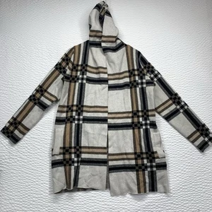 Christian Siriano New York vorne offen kariert beige schwarz Strickjacke Kapuze Mantel L - Bild 1 von 18