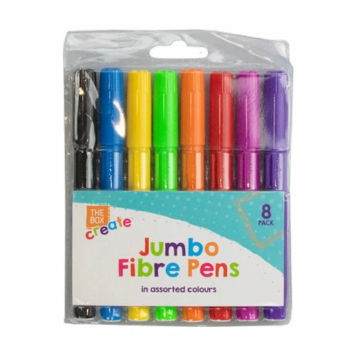 Jumbo Fibre Pens - 8 Pack Chunky Bright Drawing Writing Felt Tip Markers Kids  - Image 1 of 1
