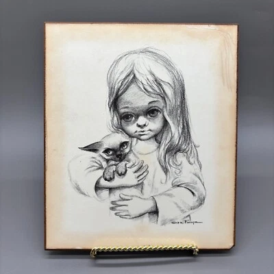 Ozz Franca Big Eyes Girl Cat Art Plaque Lorrie Vintage 1960s Mid Century Print Foto 1 de 4