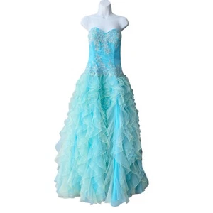 ALYCE DESIGNS Ruffle Sheer Gown Women’s 8 Aqua Strapless Embellished Cocktail - Picture 1 of 6
