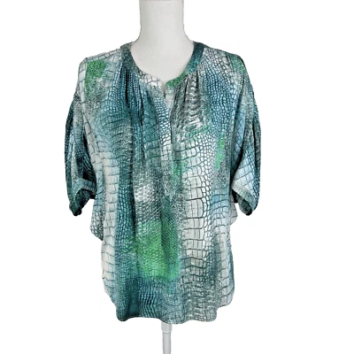 Jennifer Lopez Blouse Women Small Green Snake Skin Print Henley Dolman Sleeve - Image 1 of 4