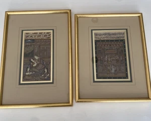 2 Vintage Indian Miniature Mughal Pictures - Men At Court + 2 Lovers Framed - Picture 1 of 21