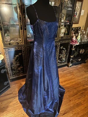 Y2K Niki Livas Embellished Rich Blue Satin Evening Gown Prom Princess Dress 6 - Image 1 of 4