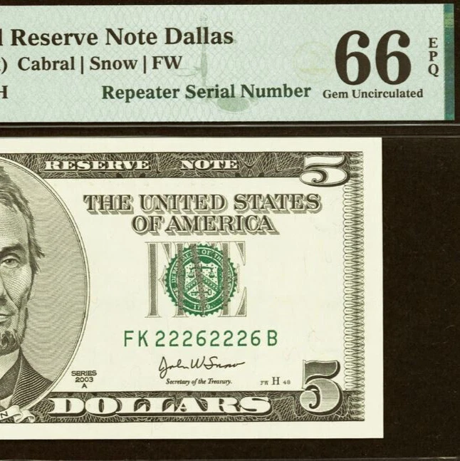 2003A $5 Federal Reserve Note PMG 66EPQ - Fancy Repeater Serial Number 22262226 - Image 1 of 3
